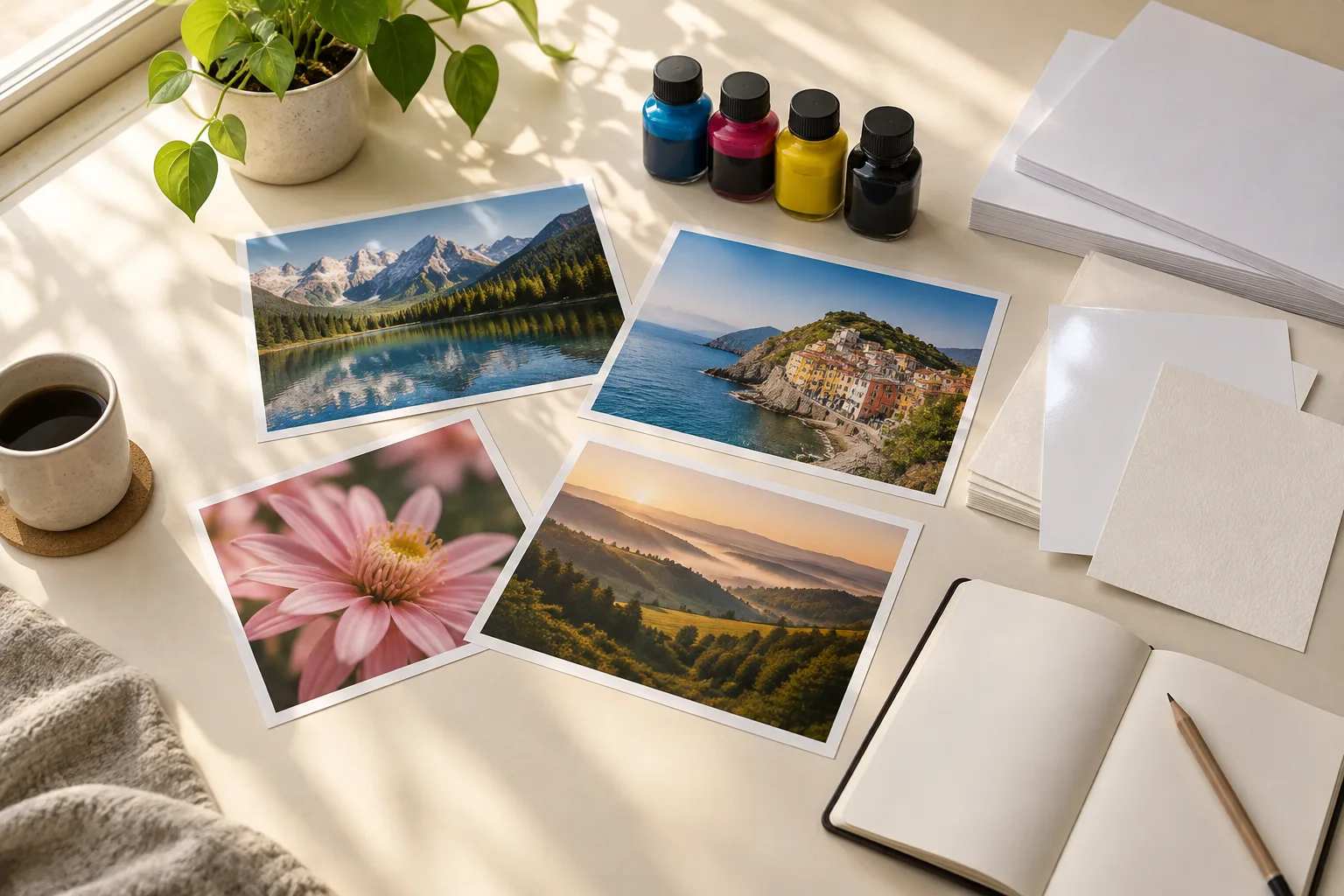 Photographs, ink, and paper swatches on a sunlit desk.