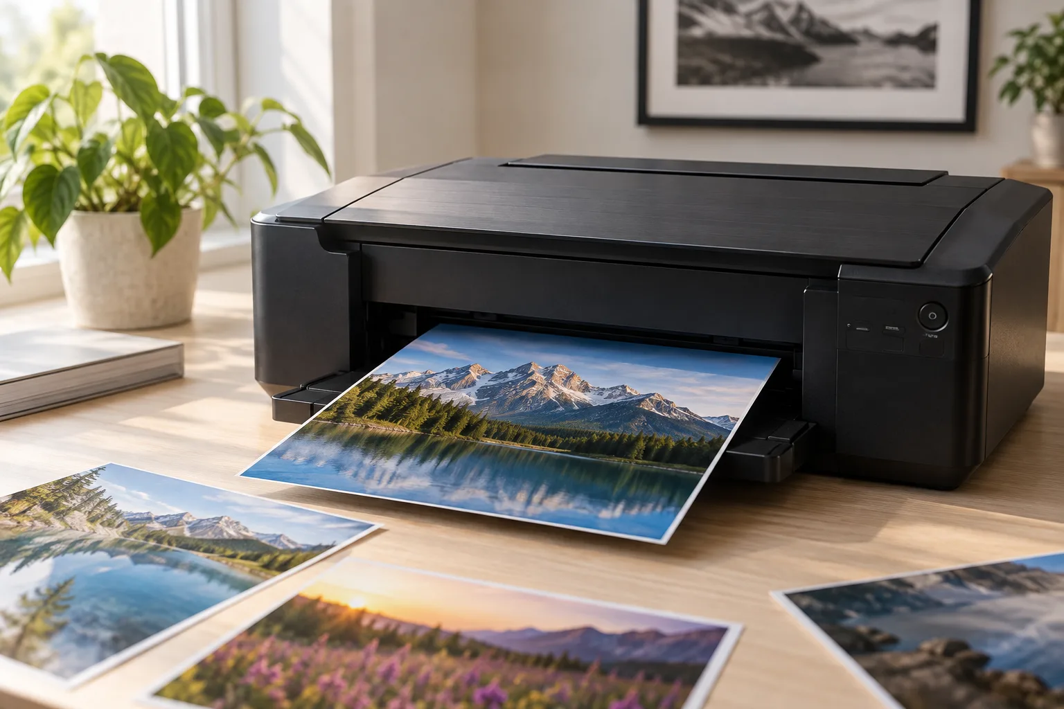 A black photo printer with colorful landscape prints on a sunlit desk.